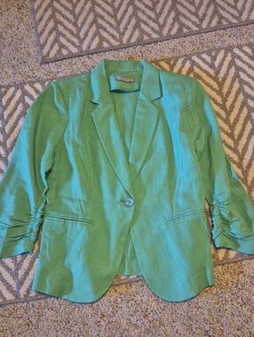 Olivia Moon Bright Green Ruched-Sleeve Blazer
